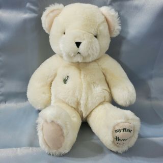 Harrods My First Teddy Bear Plush 14  In Ivory Green Chest Button Embordered