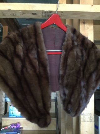 Vintage Real Mink Fur Stole Wrap Cape Dark Brown One Size Warm Winter Collar
