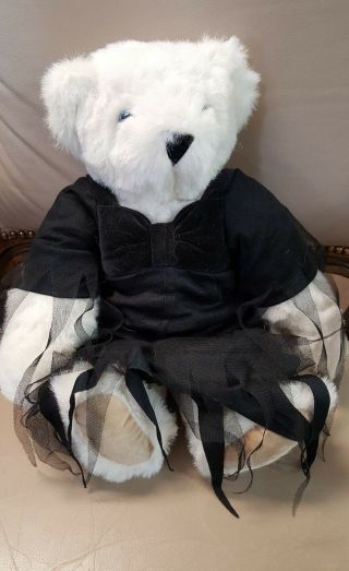 Vermont Teddy Bear Co 16 " White Jointed Plush Stuff Bear In Her Black Dress.