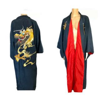 Vintage Unisex Japanese Embroidered Gold Dragon Blue Kimono Raw Silk Robe 1sz