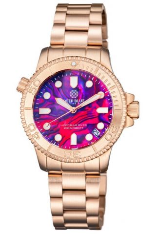 Ladies " Lizzy Blue " Diver Rose Gold Case And Bezel Pink Abalone Shell Dial