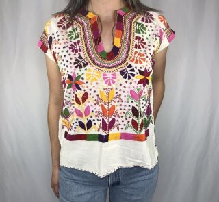 Vintage Oaxacan Huipil Blouse Embroidered Floral Shirt Top Frida Kahlo Mexican