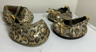 2 Pairs Of Build A Bear Babw Leopard Print Shoes Gold Black Heels Slippers Girls