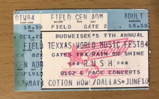 1984 Rush Grace Under Pressure Tour Texxas Jam Dallas Concert Ticket Stub Peart