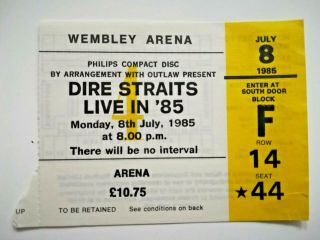 Dire Straits Wembley Arena 8 July 1985 Brother In Arms Tour Concert Ticket