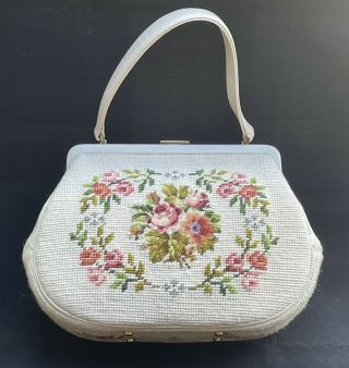 Vintage Ivory Needlepoint Hand Bag Clutch And Coin Purse