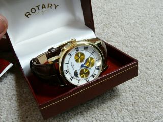 VINTAGE 1990s ROTARY CALENDAR MOONPHASE GENTS AUTOMATIC WRISTWATCH VGC BOXED 2