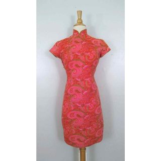 Vintage 60s Asian Pink Green Tangerine Floral Paisley Qipao Cheongsam Dress 2