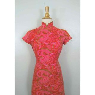 Vintage 60s Asian Pink Green Tangerine Floral Paisley Qipao Cheongsam Dress 3