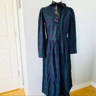 Vintage 1980’s Laura Ashley Blue Green Plaid Tartan Wool Blend Dress Modest Sz 8