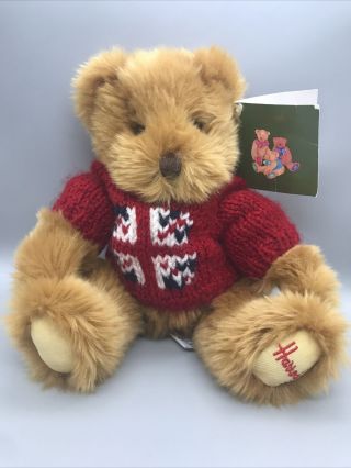 Harrods Small Union Jack Bear.  Plush Pre - Owned With Tags 8” Red Sweater Teddy