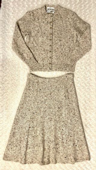 Vtg St.  John By Marie Gray Tweed Tan Knit Cardigan And Skirt Suit Set Sz M Read