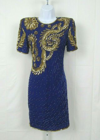 Vtg 1980s Laurence Kazar Purple Silk Sequin Beaded Dress Size Ps Petite Small