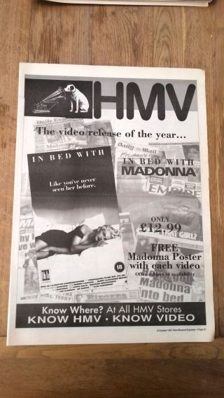 Madonna In Bed With Madonna Hmv 1991 Uk Poster Size Press Advert 16x12 Inches