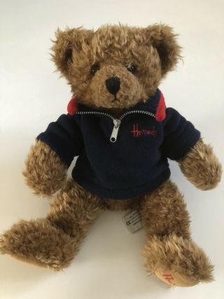 Harrods Signature Tan Teddy Bear W/blue Fleece Zip Sweater 13 " Plush Toy