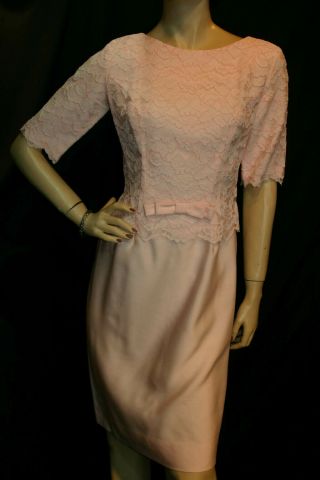S - M Vintage 1960s Pink Overlay Lace Dress Silk Shantung Sylvia Ann Flat Bow