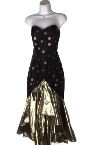 Vtg 80s Jessica Mcclintock Gunne Sax Black Gold Strapless Polka Dot Party Dress