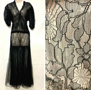 Antique Victorian Flapper Titanic Deco Spiderweb Floral Black Lace Dress Gown