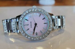 Fossil Es - 2189 Jesse Crystal Encrusted Accent Pink Dial Glitzy Analog Watch 6.  5 "