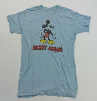 Vtg Disney 80s Light Blue Single Stitch Double Sided Mickey Mouse Shirt