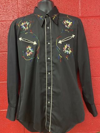 Vtg Nos Sears Westerner Embroidered Mens Pearl Button Rare 70s Shirt M Black