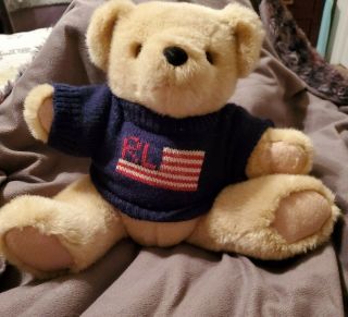 Vintage Ralph Lauren Polo Teddy Bear 14 " Jointed Plush Usa Flag Sweater 1996