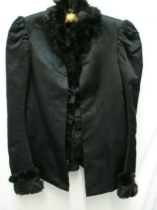Antique Victorian 19th C Silk Satin Fur Trimmed Winter Jacket Bodice