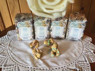 4 Mini Tumbling Cherished Teddies Playful,  Wishes,  Luck & Sentimental W/boxes