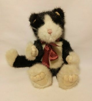 1990 - 1999 Boyds Bears Plush Black & White Kitty Cat Red Bow Posable 8”