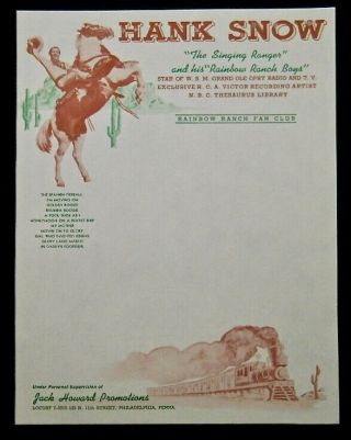 Hank Snow The Singing Ranger Vintage Promo Fan Club Letterhead Rare