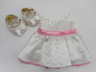 Build A Bear White & Pink Satin Dress With Sequins And Matching Sequins Shoes