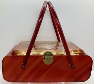 Vintage Feiner Bags Ny Red Tortoise Shell Lucite Purse/handbag Carved Daisy Lid