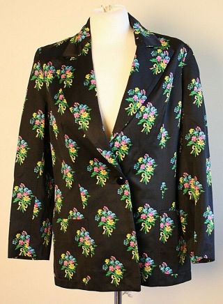 Vtg Mr.  Dino 14 Black Floral Bouquet One Button Satin Blazer Jacket