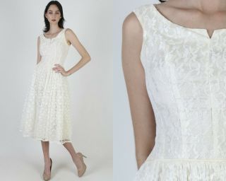 Vtg 50s Floral Lace Wedding Dress Sheer Ivory Bridal Gown Full Skirt Midi Mini