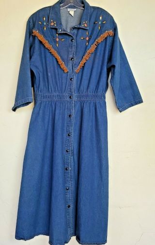 Vtg Denim Western Dress Snap Front Studded Fringe - Plus Size 2x - 80s Prairie