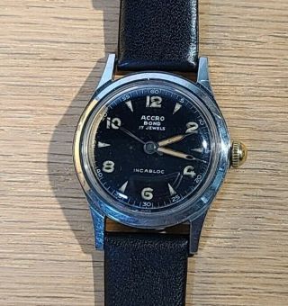 Vintage Accro Bond Military - Style Black Dial Watch Runs Well - Keeps Good Time