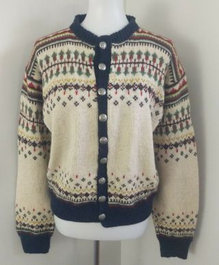 Vintage Handmade Nordic Norwegian Ski Cardigan Sweater Wool Christmas Flaws