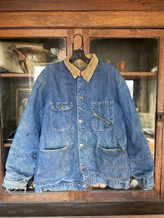 Vintage Denim 1950’s / 1960’s Chore Coat Jacket Workwear Distressed Thrashed