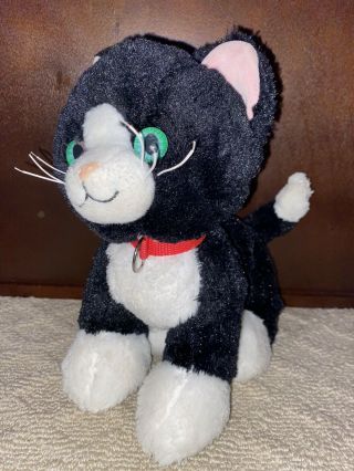 Build A Bear Black White Tuxedo Standing Cat Plush With Collar Green Eyes