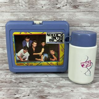 Vintage 1990 " Kids On The Block " Hard Plastic Lunch Box Blue W/ Thermos