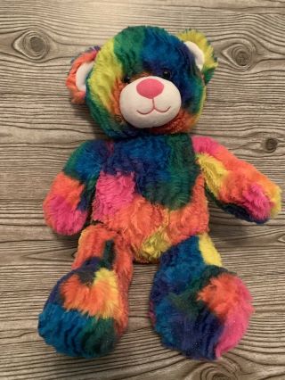 Build A Bear Rainbow Tie Dye Bright Neon Teddy Plush Stuffed Toy Sparkle Fur