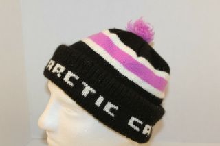 Vintage Arctic Cat Snowmobile Knit Hat Cap Beanie Black White Purple Pom Pom