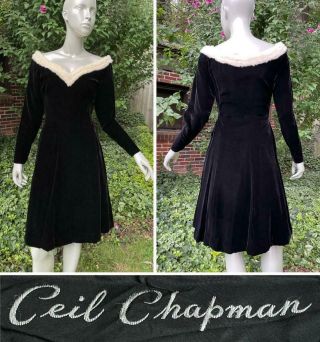 Great Vintage 1940s Ceil Chapman Velvet Dress W/ Sweetheart Collar & Ermine Trim