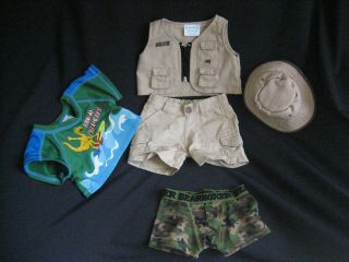 Build A Bear Dino Safari 5 Piece Outfit,  Camo Bearboxer,  T - Rex Vest,  Hat,  Shirt