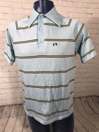 Vintage Mens 70s Hang Ten Stripe Polo Shirt Blue Yellow Gold Tag Large Striped