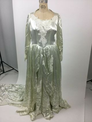 Vintage 1940s Slipper Satin Lace Wedding Dress Long Sleeves Train 40s