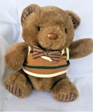 Russ Berrie Plush Brown Teddy Bear Oxford Dressed In Sweater And Bow Tie