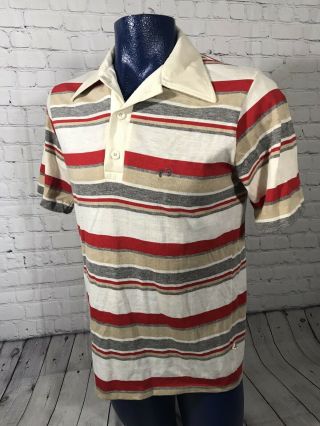 Vintage Mens 70s Hang Ten Stripe Polo Shirt Red Gray Gold Tag Large Striped