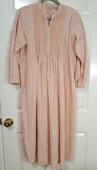 Ll Bean Vintage Cream W/ Red Dobby Stripe Cotton Flannel Long Nightgown M