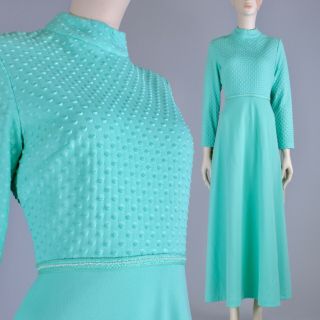 Deadstock L Vintage 1960s Green Bump Textured Long Sleeve Hostess Maxi Dress 60s